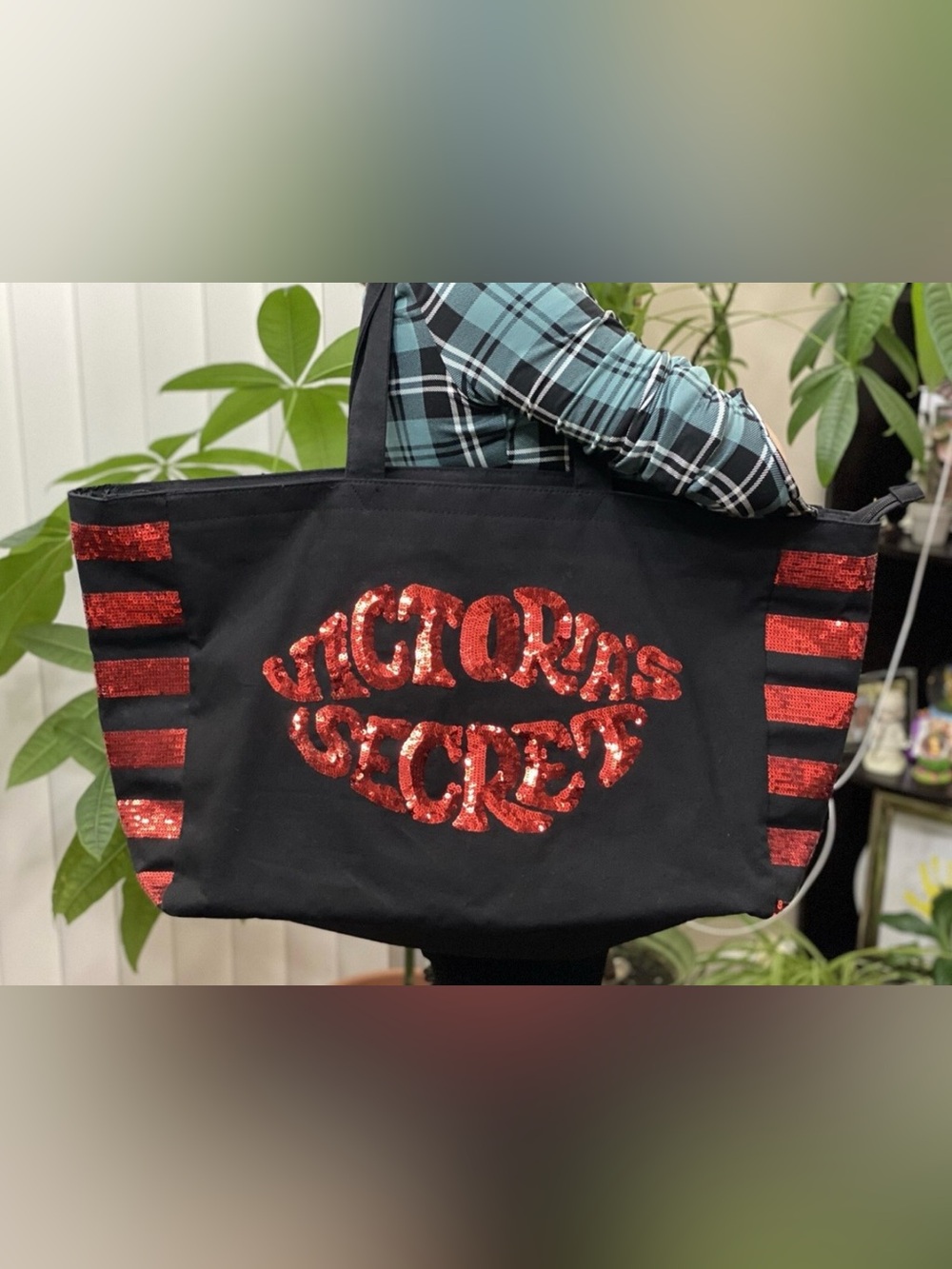 Victoria's Secret Black Tote with Red Sequin Logo Weekender